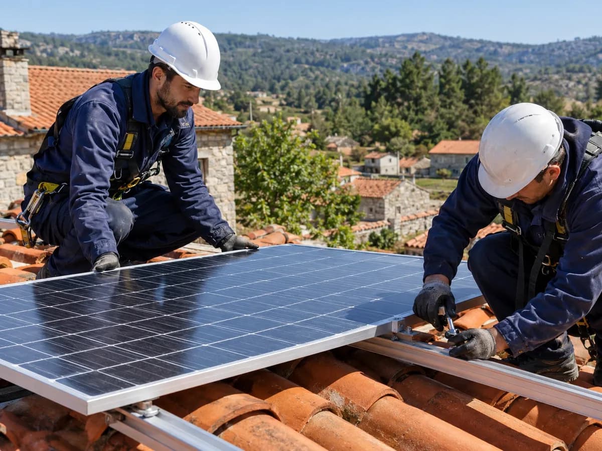 Técnico da Geosolar a instalar um painel num telhado
