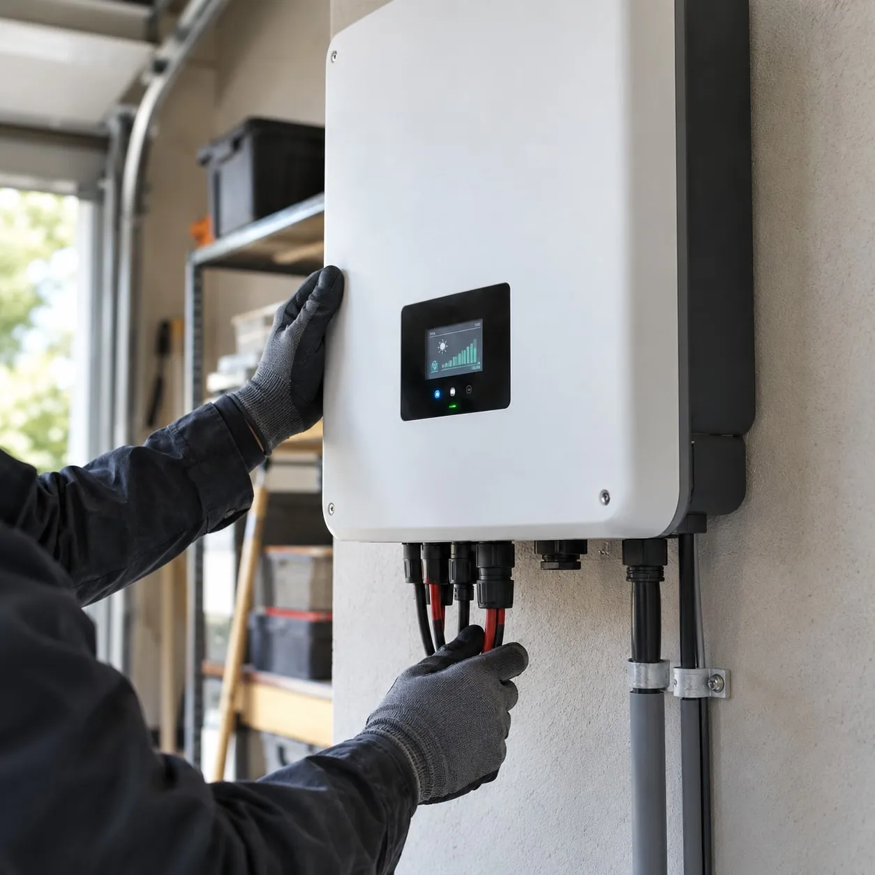 Técnico a verificar um inversor solar
