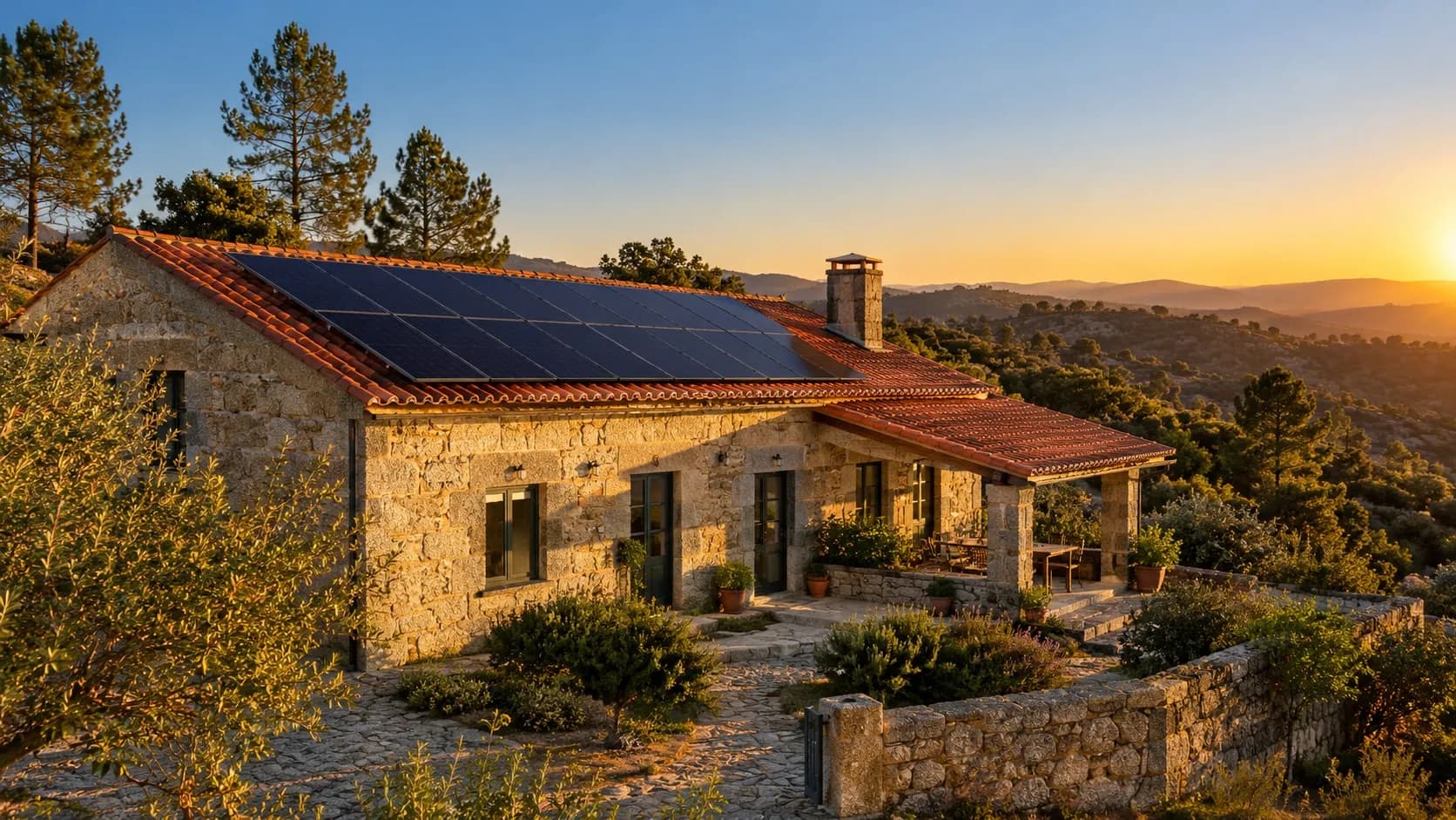 Telhado de uma casa em granito perto de Viseu com painéis solares ao fim da tarde