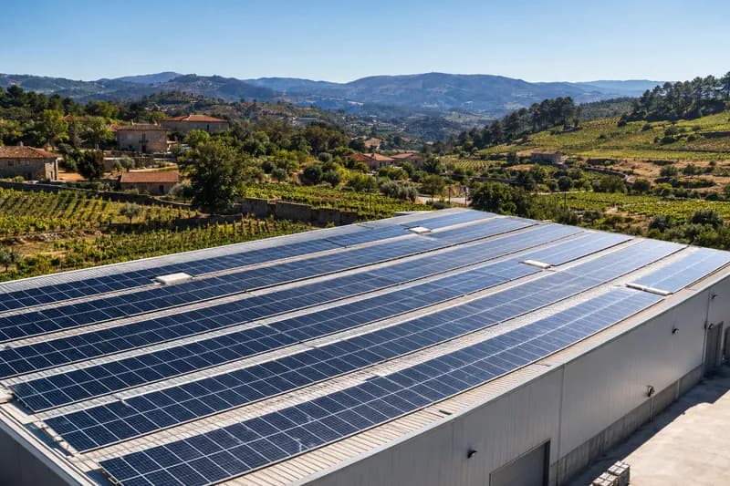 Painéis solares na cobertura de um armazém