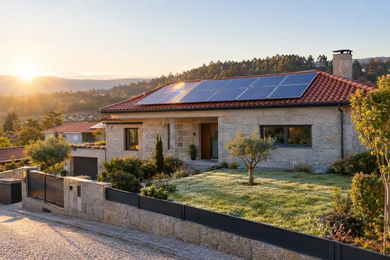 Painéis solares no telhado de uma moradia
