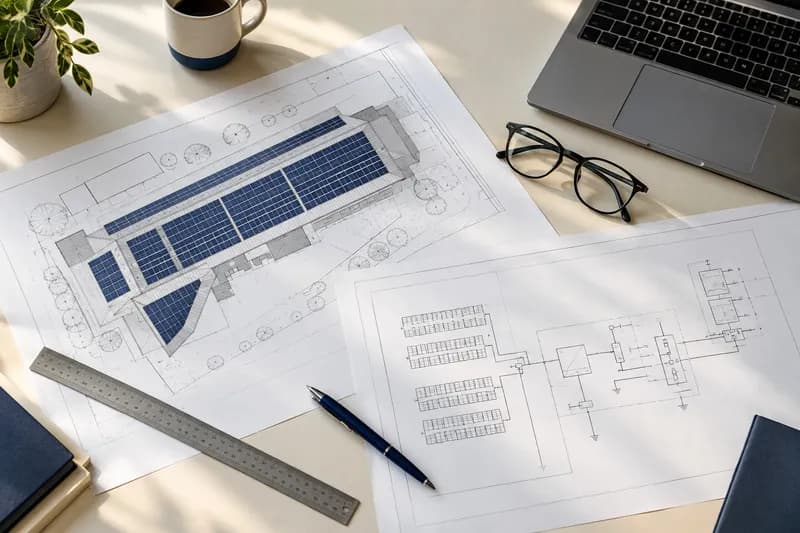 Documentos e um esquema técnico de um sistema solar numa secretária
