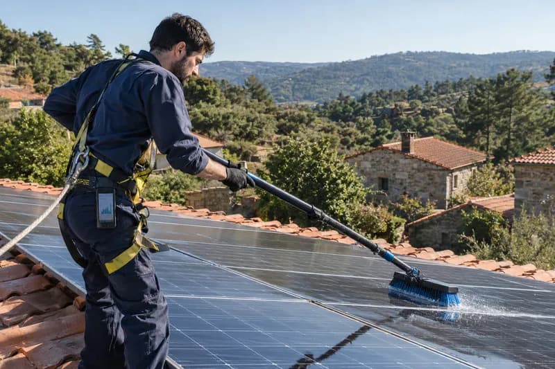 Técnico a limpar painéis solares